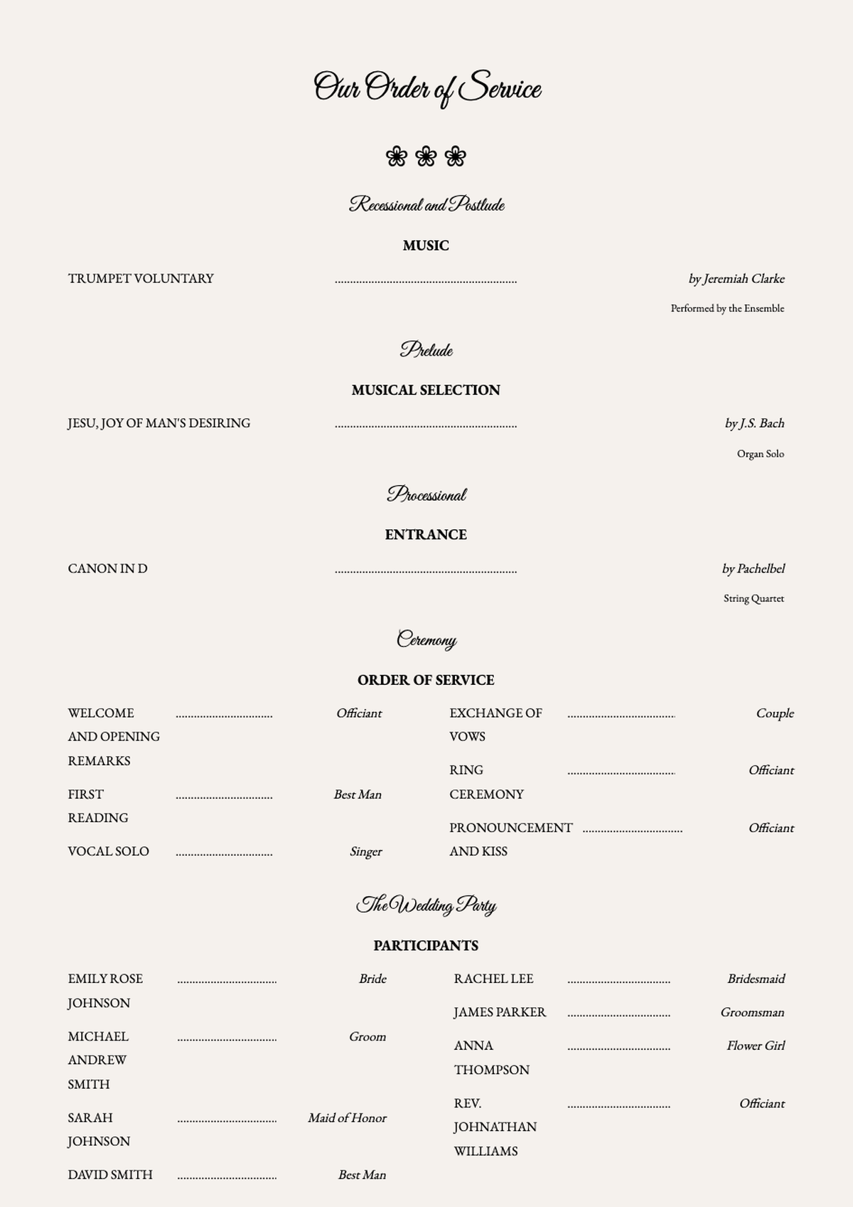Elegant wedding ceremony program with musical selections and participant roles_variant_1